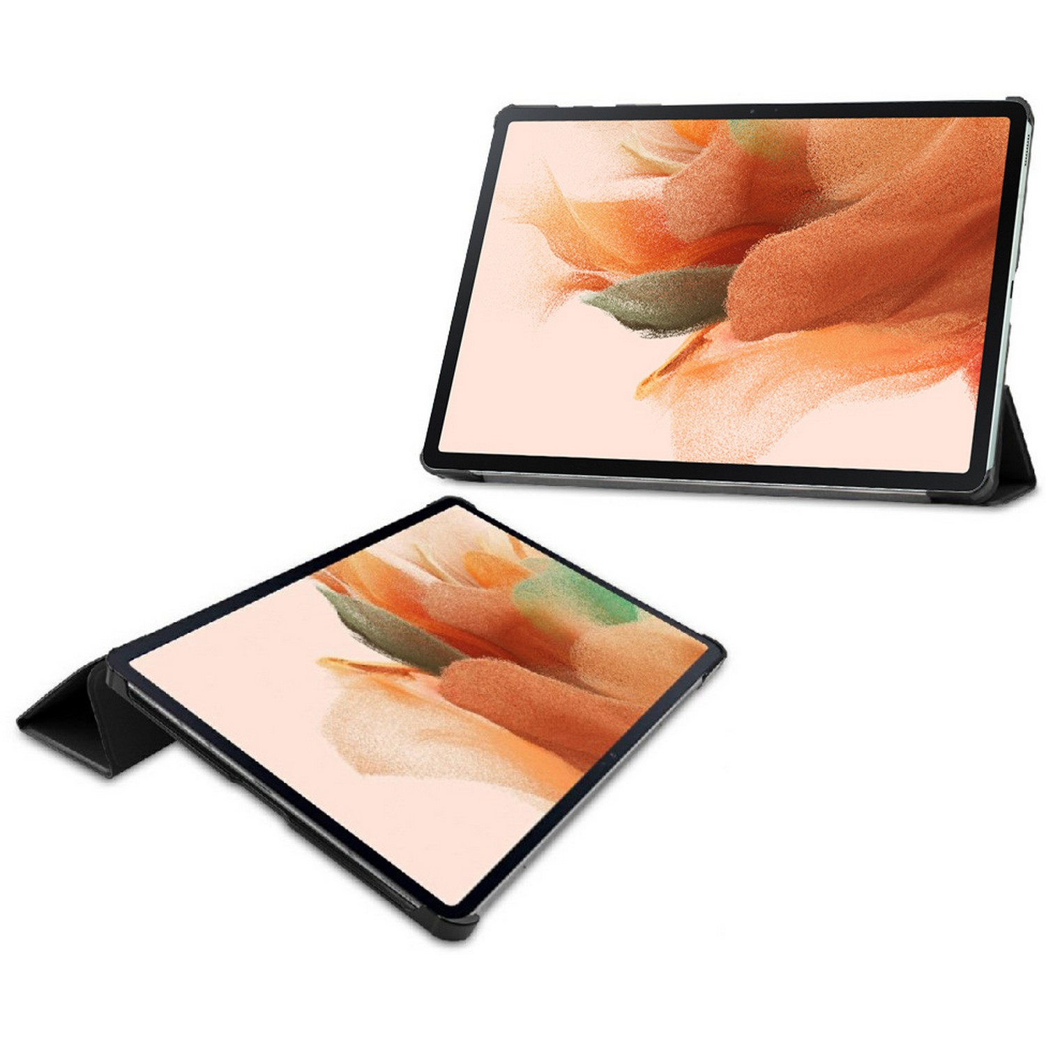 Tablets in a black case, with a stand. The screen displays an abstract image.