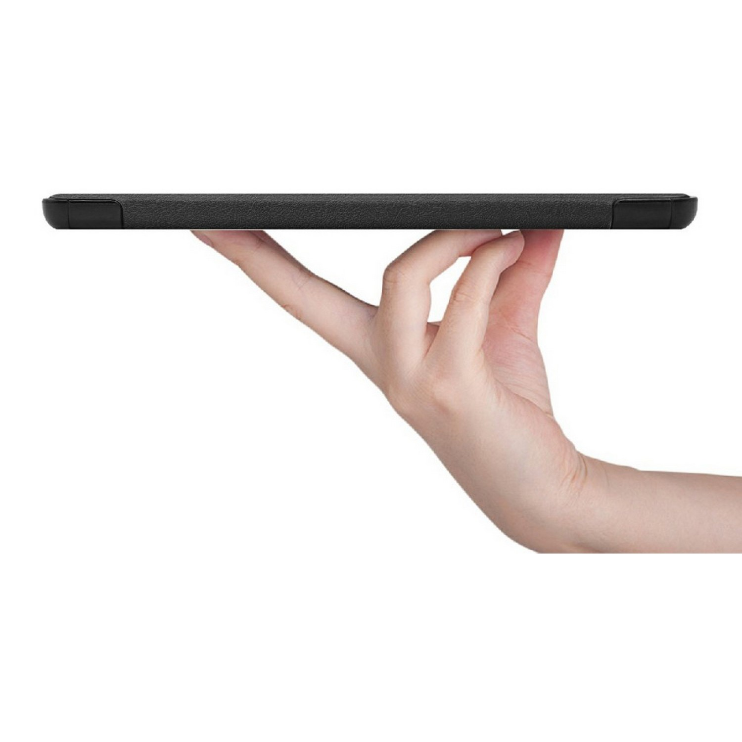 Hand holding a black tablet, side view, showing the side edge.