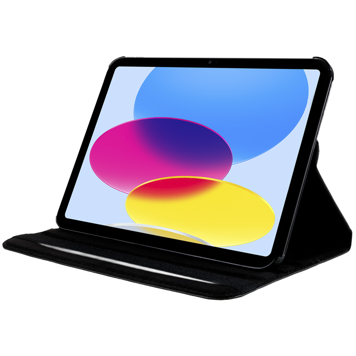 Black tablet with colorful background. The tablet is open and the screen is on.