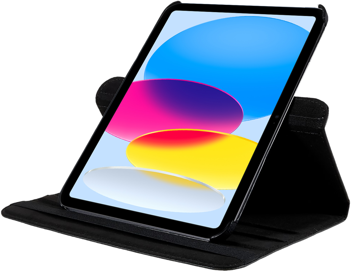 Tablet in a black case. Screen displays a colorful abstract image. Angled view on white background.