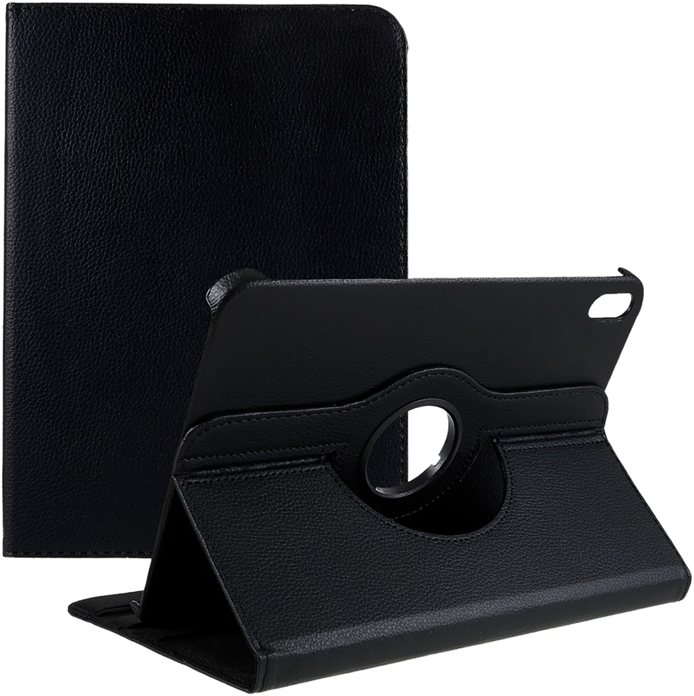 Black tablet case, closed and open. Shows a black tablet in a rotating stand.