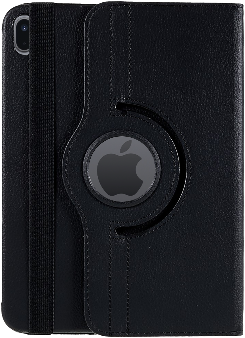 Black iPad case with Apple logo and a rotating cover and a black elastic band.