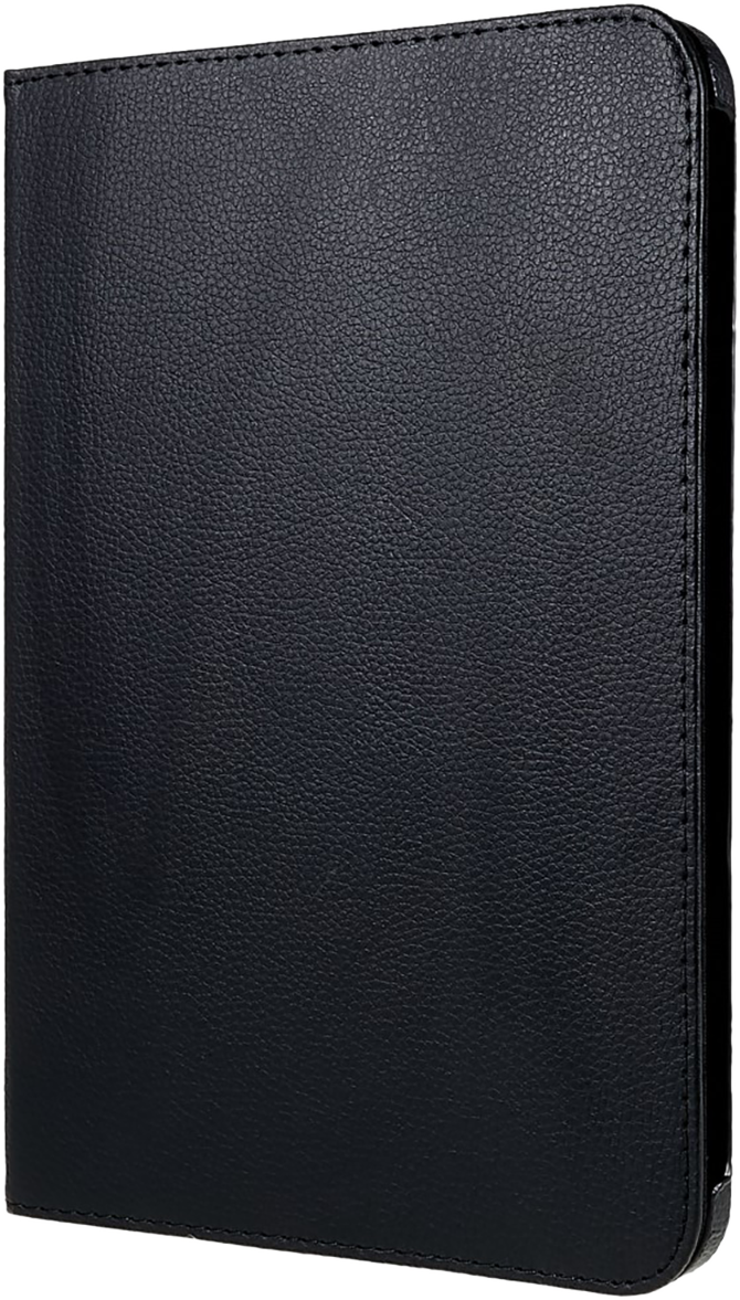 Black leather-like tablet case, slightly angled, showing texture and stitching.