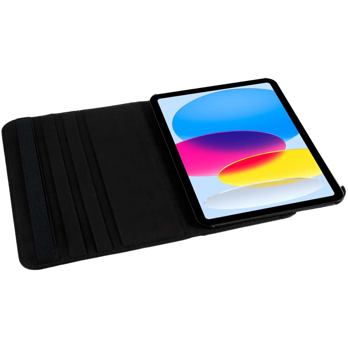 An open tablet with a colorful screen inside a black protective case.