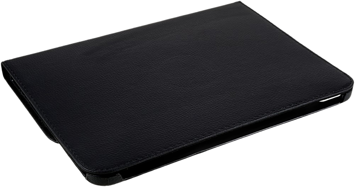 A black closed tablet case is shown on a white background.