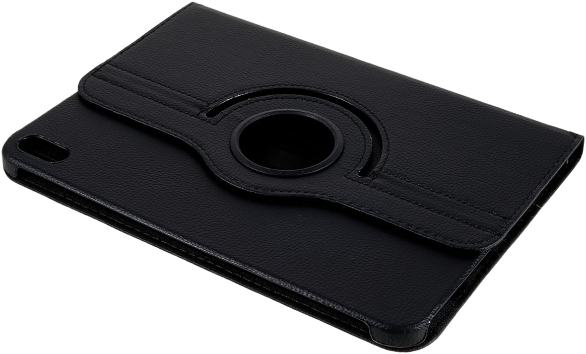 A black tablet case with a rotating mechanism and a black background.