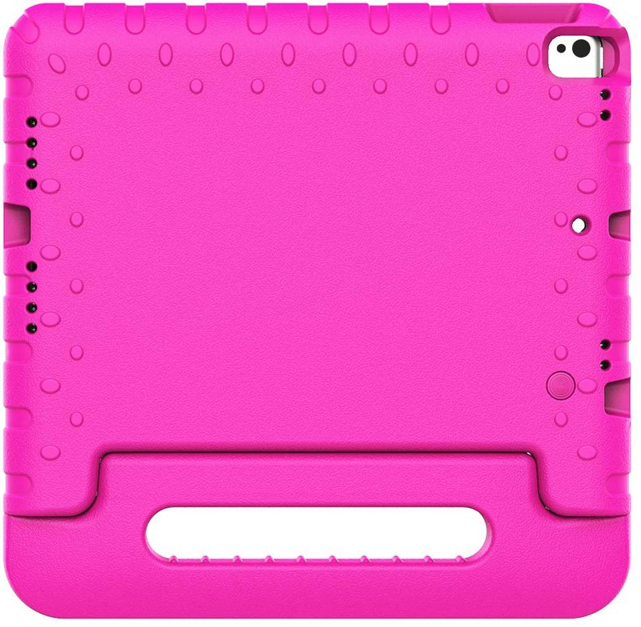 Pink tablet case with handle. It has round openings for camera and buttons.