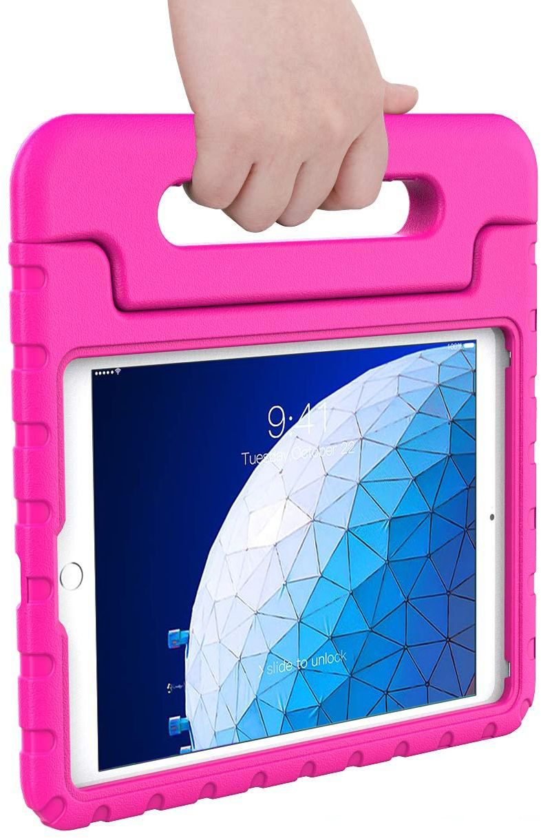 A child's hand holding a pink tablet case with a screen showing an app interface.