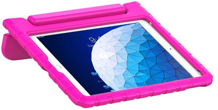 A pink tablet in a pink case. The screen shows a blue and white design.
