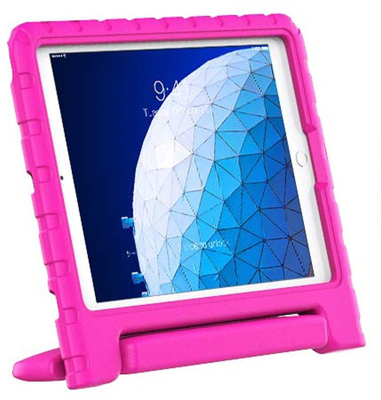Pink tablet case with tablet inside. The tablet displays a blue and white background.
