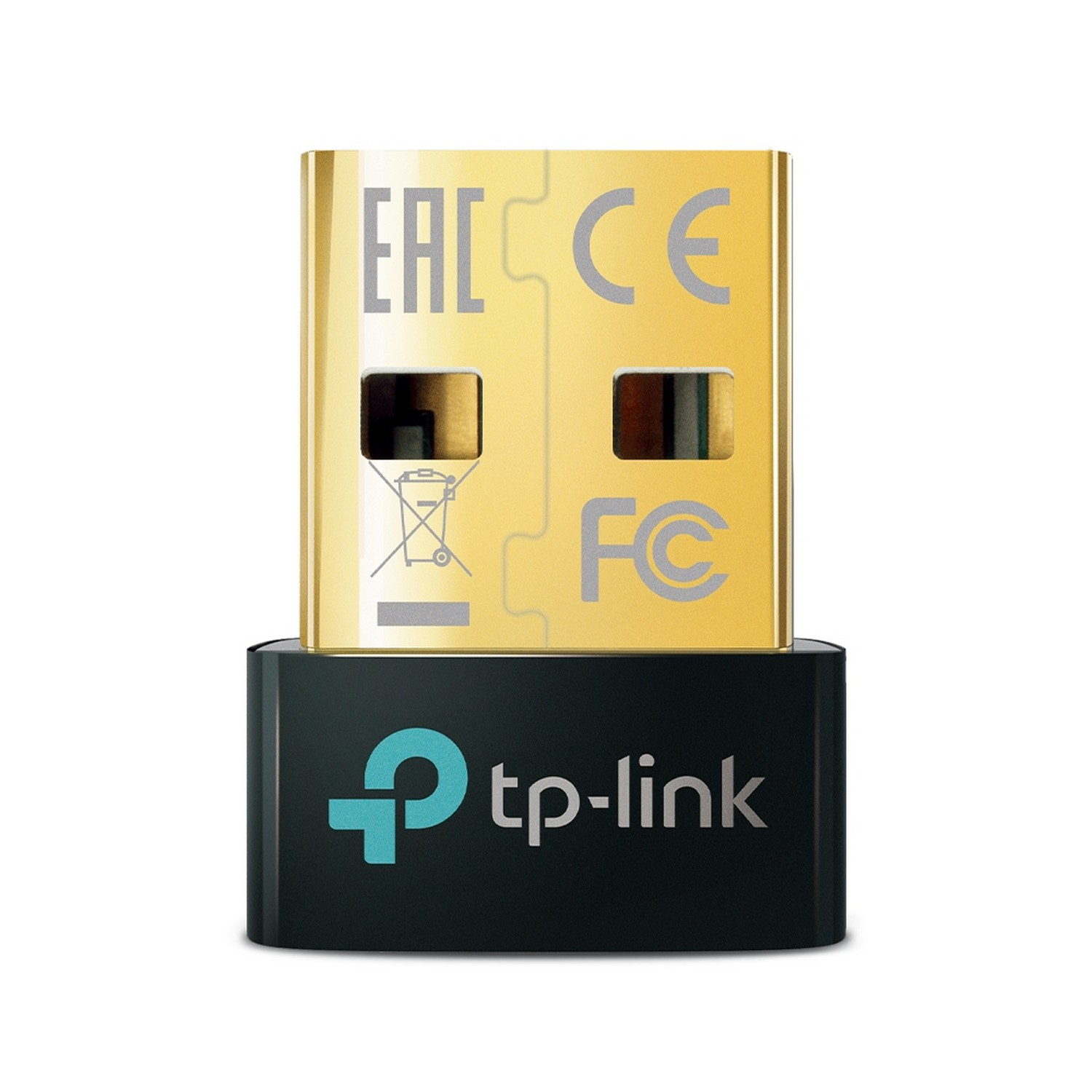 A black and gold USB Wi-Fi adapter with tp-link logo and CE, FC marks.