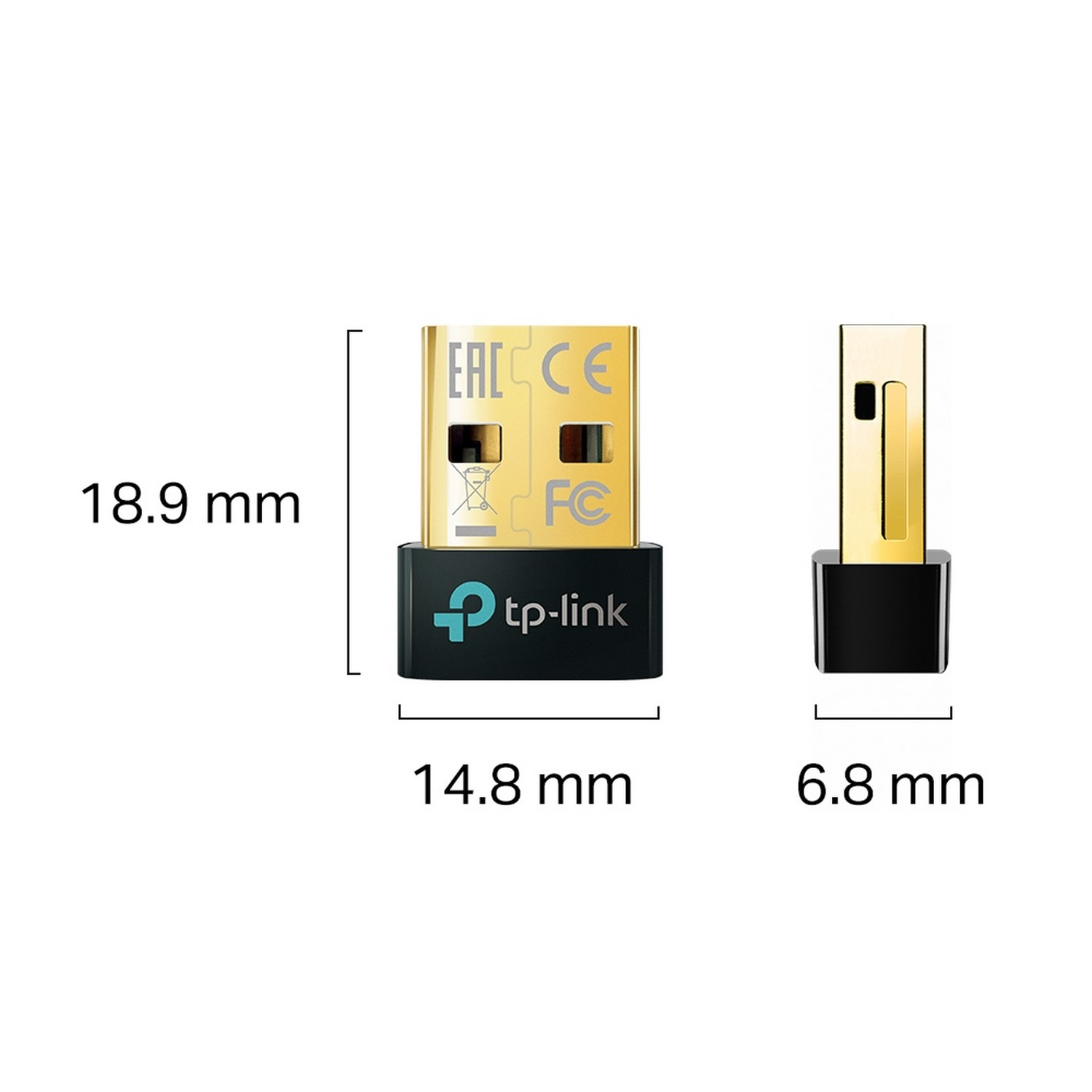 USB adapter with dimensions labeled: 18.9mm x 14.8mm x 6.8mm, black and gold.