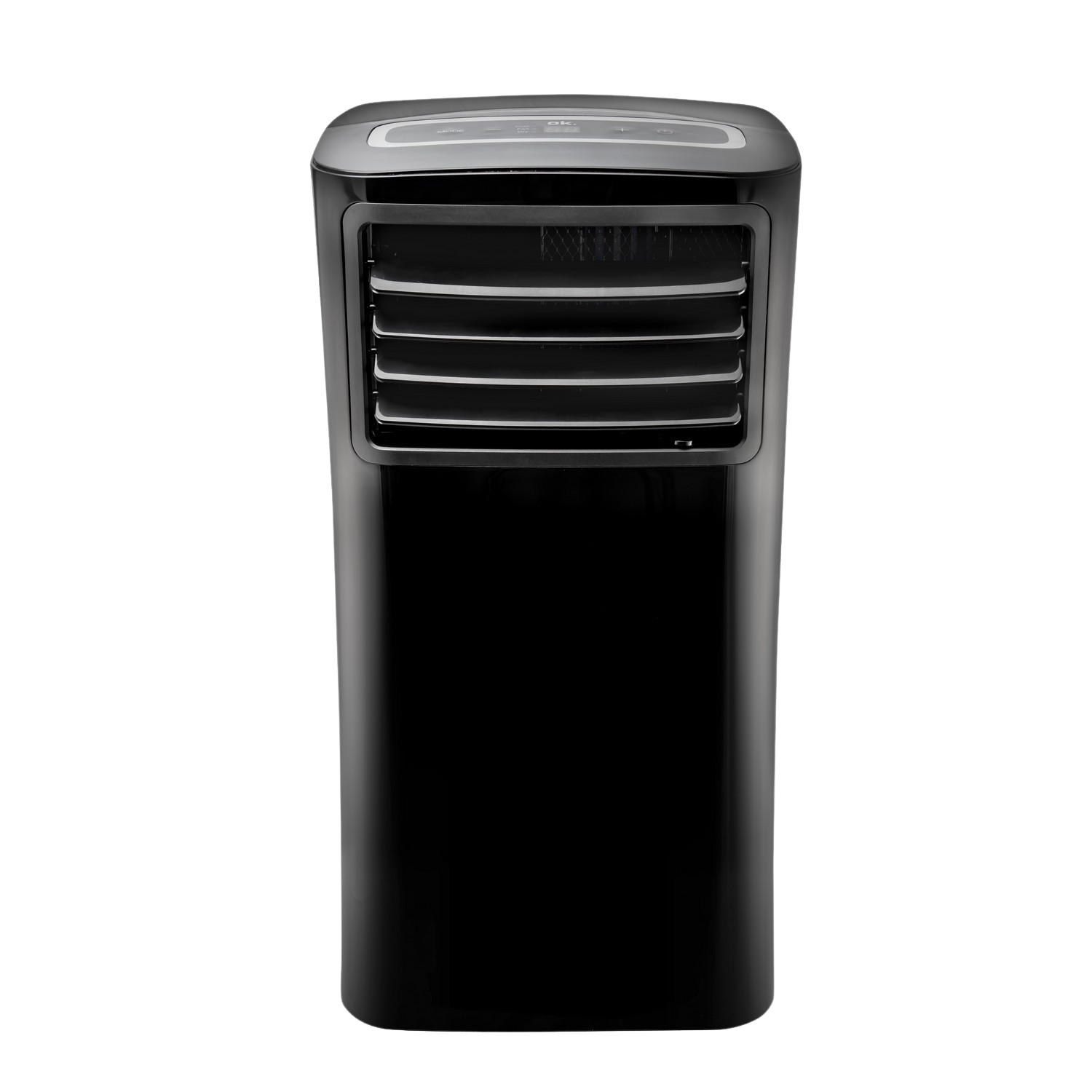 Un climatiseur portable noir. Il possède des aérations et un panneau de commande sur le dessus.