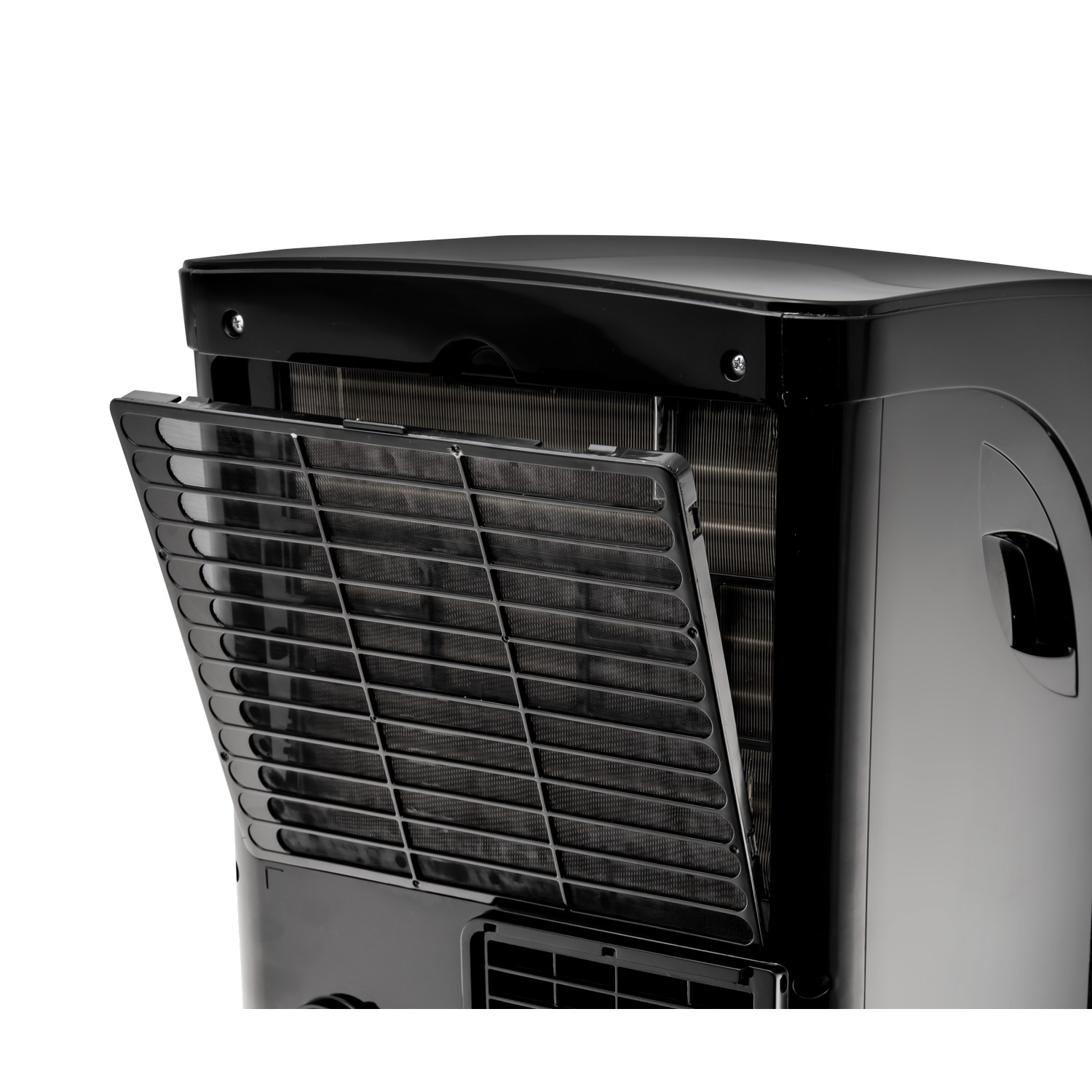 Climatiseur portable noir. Panneau avant ouvert pour montrer le filtre et le radiateur internes.