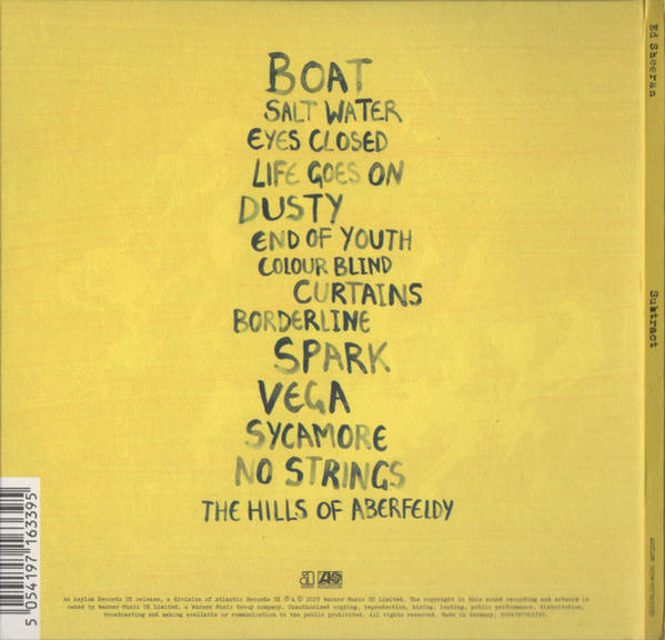 Dos d'un album avec des titres de chansons écrits sur un fond jaune.
