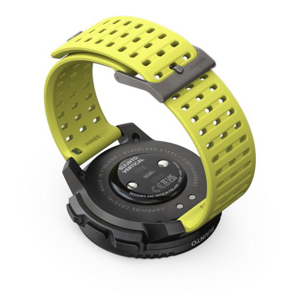 Eine gelbe Suunto-Uhr mit schwarzem Zifferblatt. Das Armband ist gelb und hat eine Schnalle.
