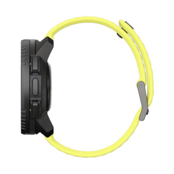 Schwarze Smartwatch mit gelbem Band. Seitenansicht zeigt Knöpfe und Bildschirm.