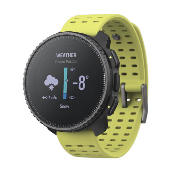 Gelbe Smartwatch zeigt Wetter: Schnee, -8 Grad. Gelbes Band. Schwarze Lünette.