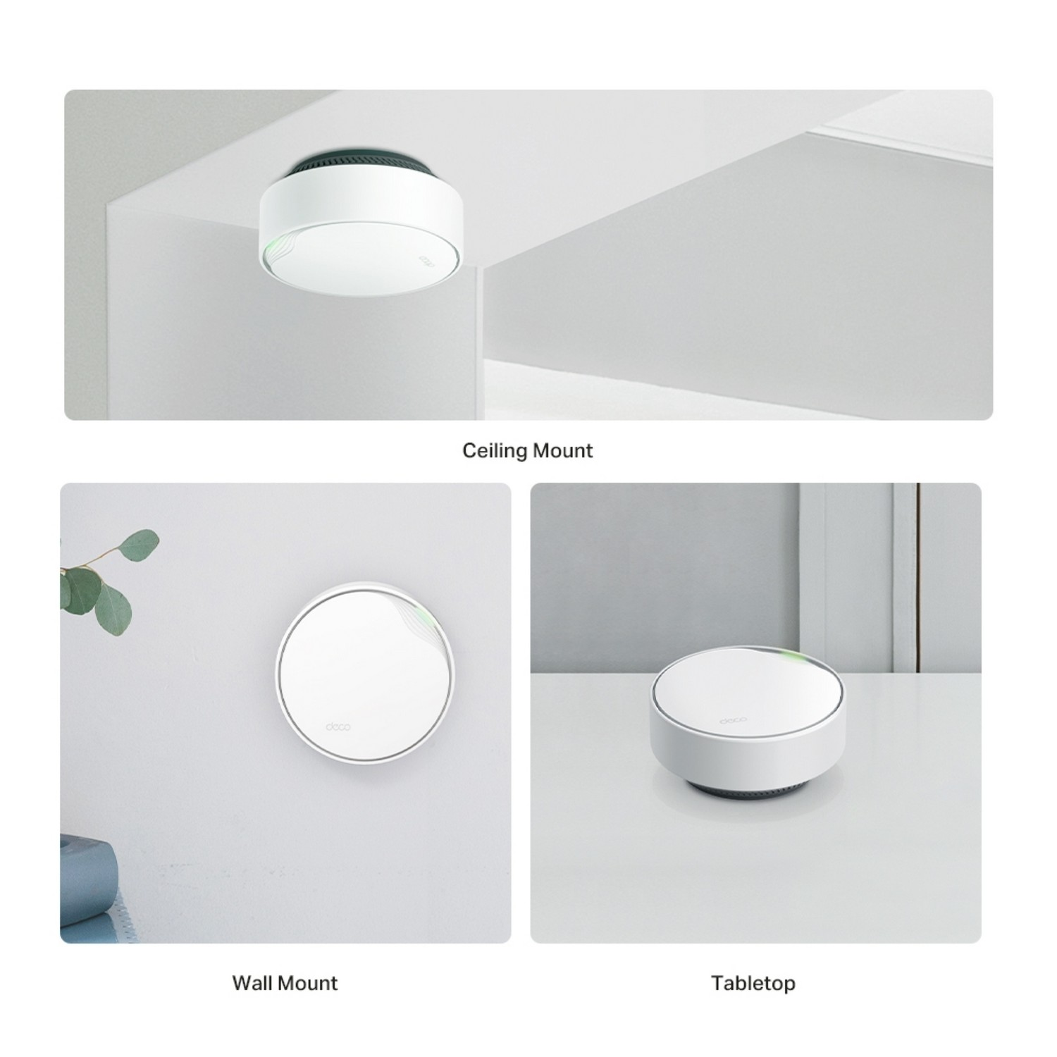 Trois vues d'un appareil blanc monté de différentes manières : plafond, mur et table.
