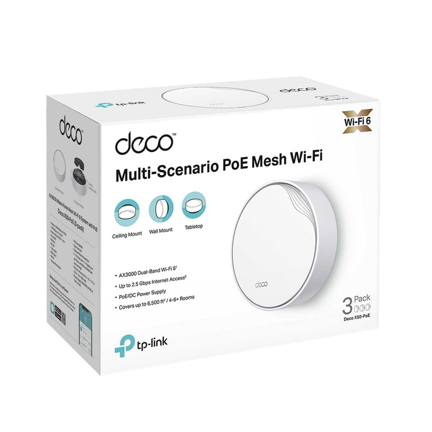 Une boîte blanche avec un routeur Wi-Fi, avec le texte 'Multi-Scenario PoE Mesh Wi-Fi'.