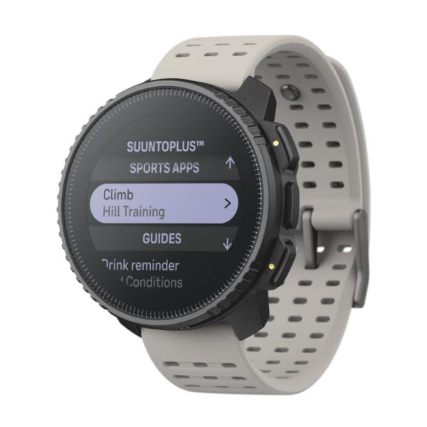Smartwatch mit Menüanzeige, weißem Armband und schwarzem Gehäuse.