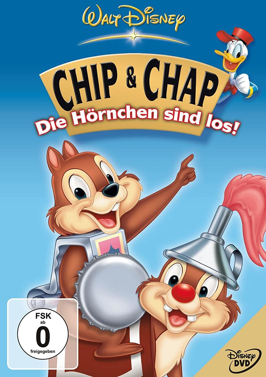 Chip und Chap Cartoon-DVD-Cover. Chip und Chap tragen Kostüme und zeigen. Donald Duck ist in der Ecke.