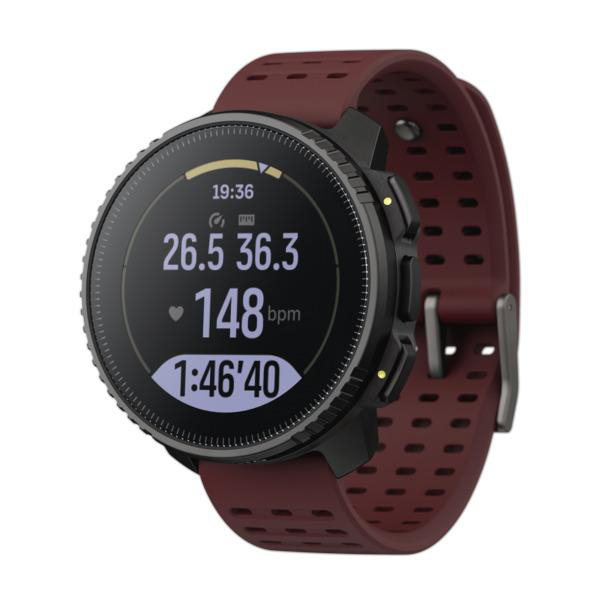 Schwarze Smartwatch mit rotem Armband. Zeigt Zeit, Herzfrequenz und andere Daten an.