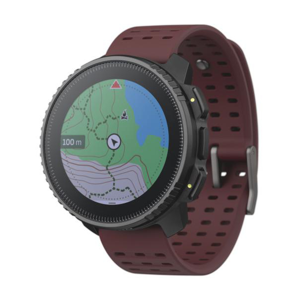 Nahaufnahme einer Smartwatch mit Kartenanzeige und burgunderfarbenem Armband.
