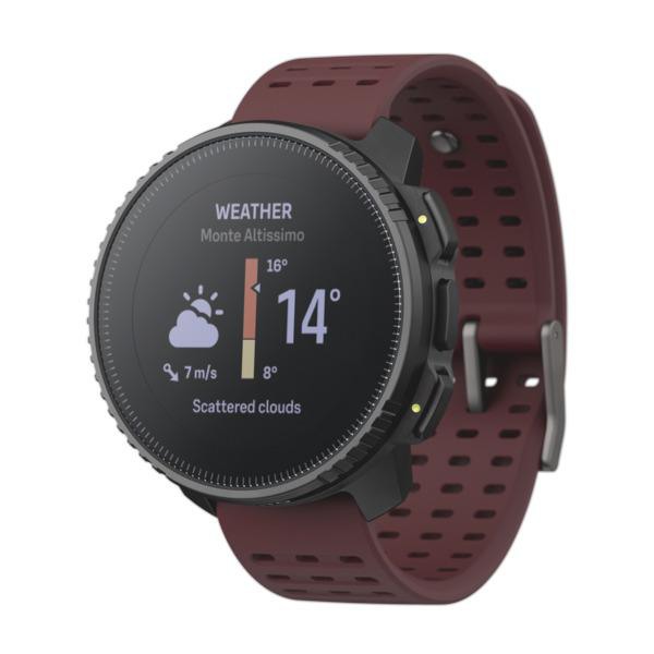 Smartwatch mit Wetteranzeige, die 14 Grad, lockere Wolken und ein rotes Armband zeigt.