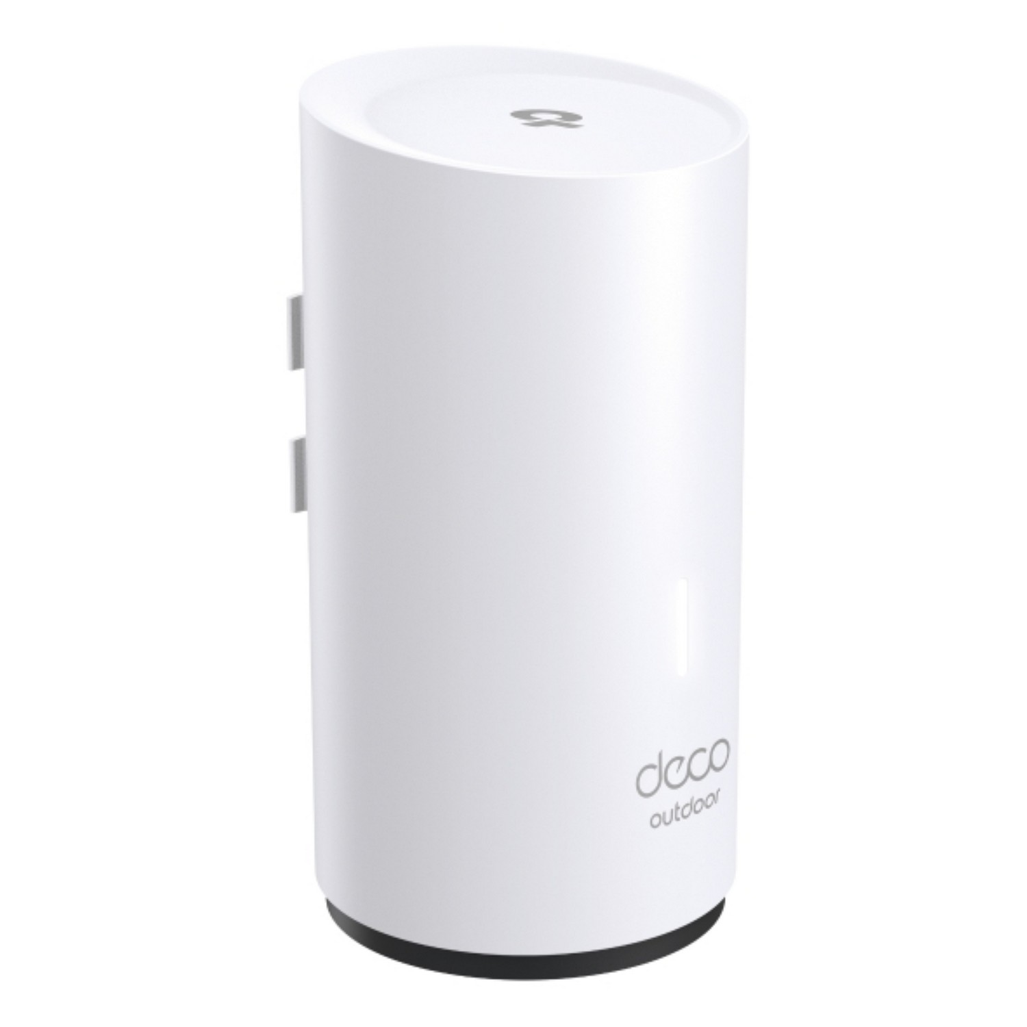 White cylindrical WiFi router. It has a Deco outdoor label on the front.