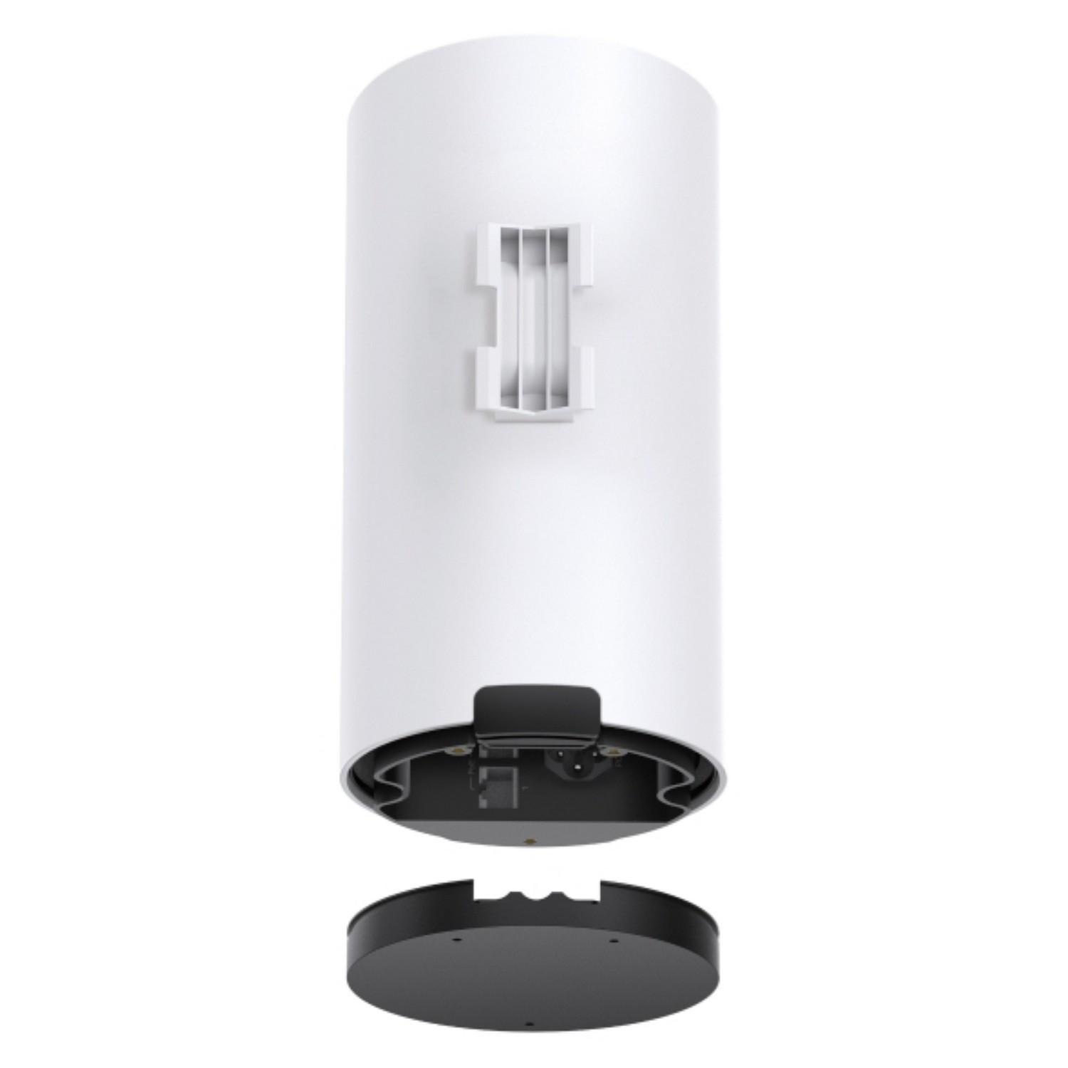 White cylindrical device with detached black base. White plastic mounting attached. Isolated white background.