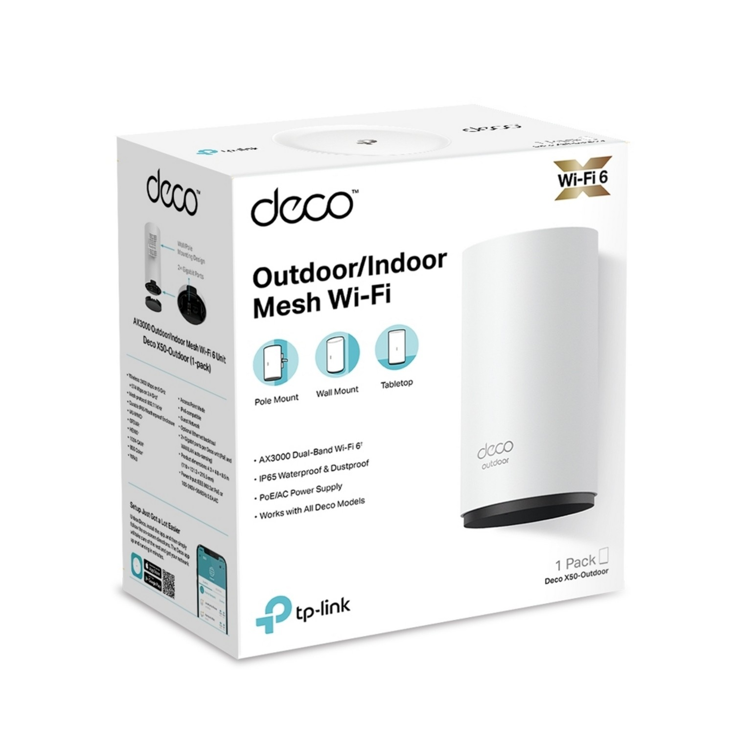A white TP-Link Deco Wi-Fi 6 outdoor/indoor mesh Wi-Fi system box and the device itself.