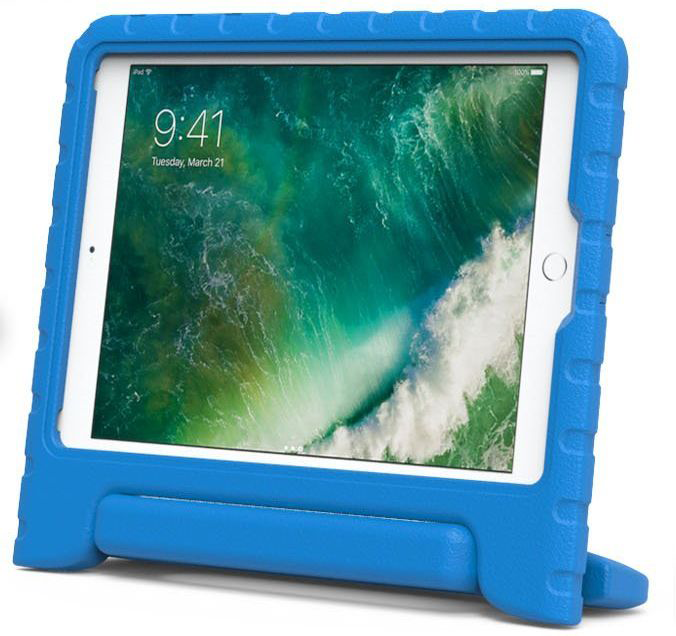Blue protective case with a tablet inside. The screen displays an ocean wave.