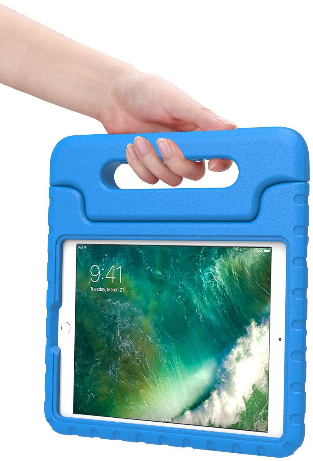 A hand holding a blue tablet case with a tablet inside. The screen shows an image.