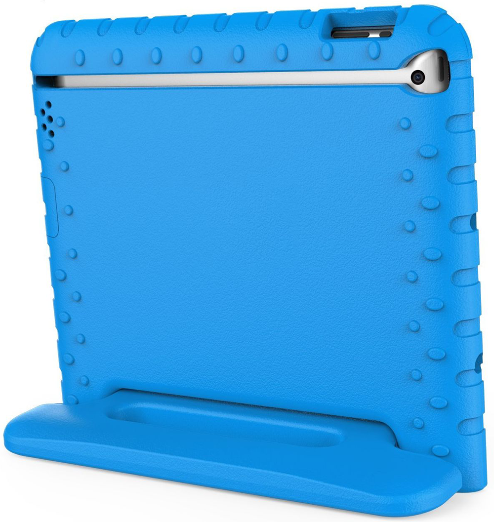 Blue tablet case with a stand. The case has a handle and is designed for children. It is a protective case.