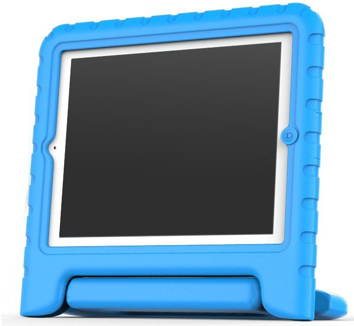 Blue tablet in a blue case. Screen is black. Light blue frame.