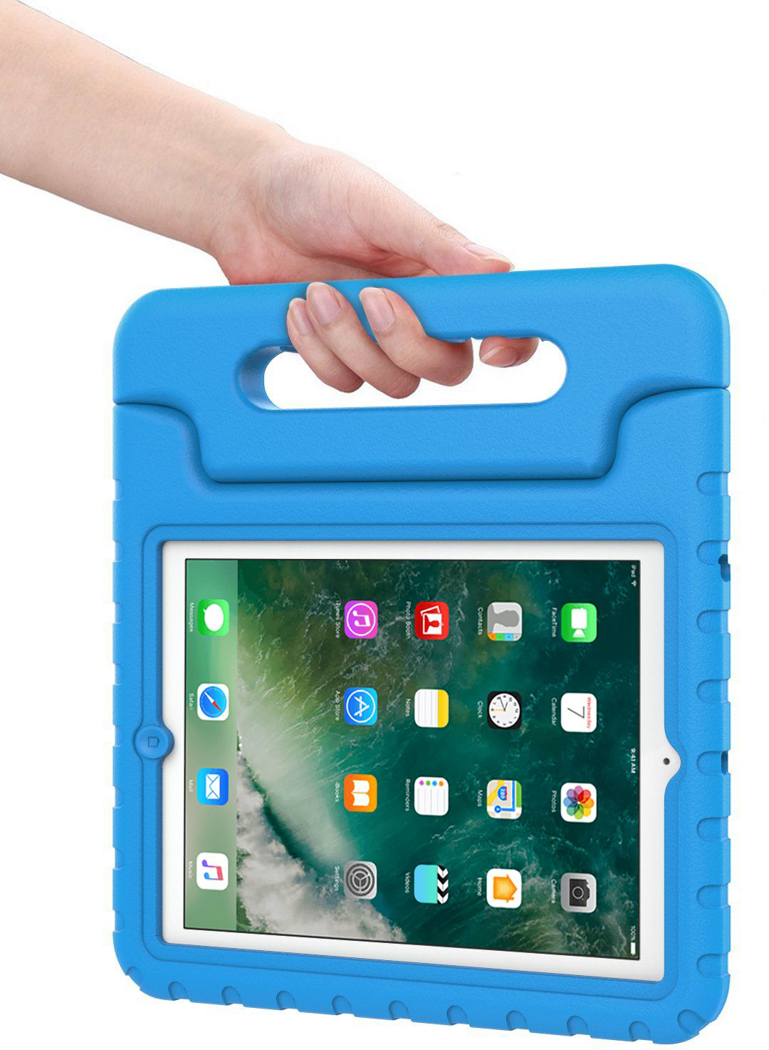 A hand holding a blue tablet case with a tablet inside. The case has a handle.