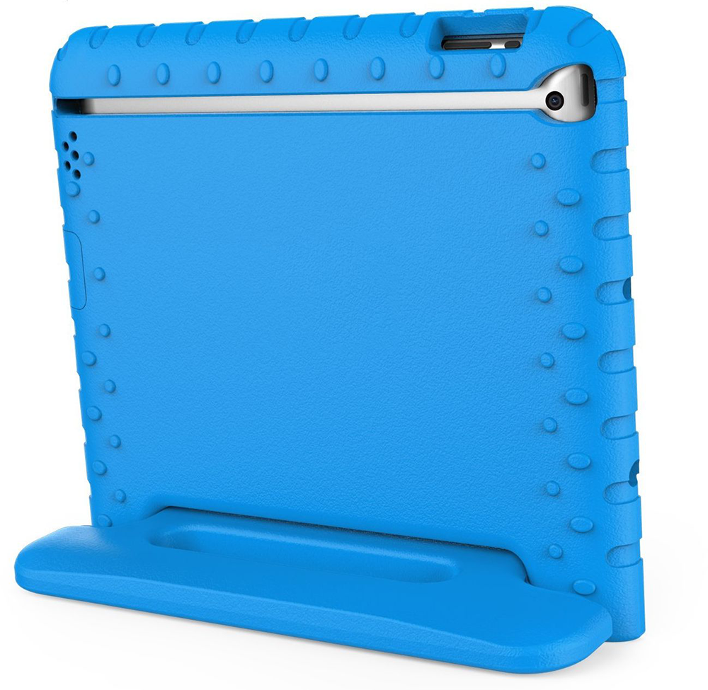 Blue tablet case. It has a stand, camera hole, and several bumps.