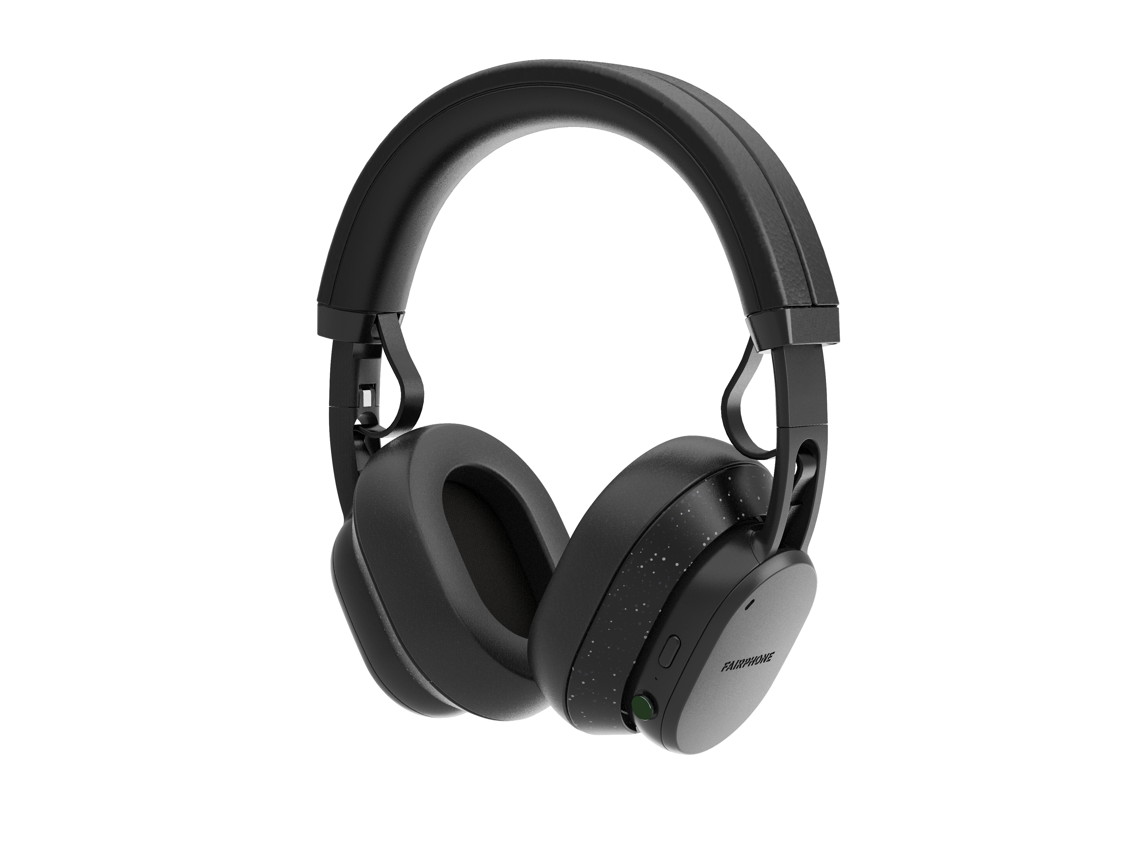 Schwarze Fairphone-Kopfhörer auf schwarzem Hintergrund. Die Kopfhörer sind Over-Ear und haben ein sauberes Design.