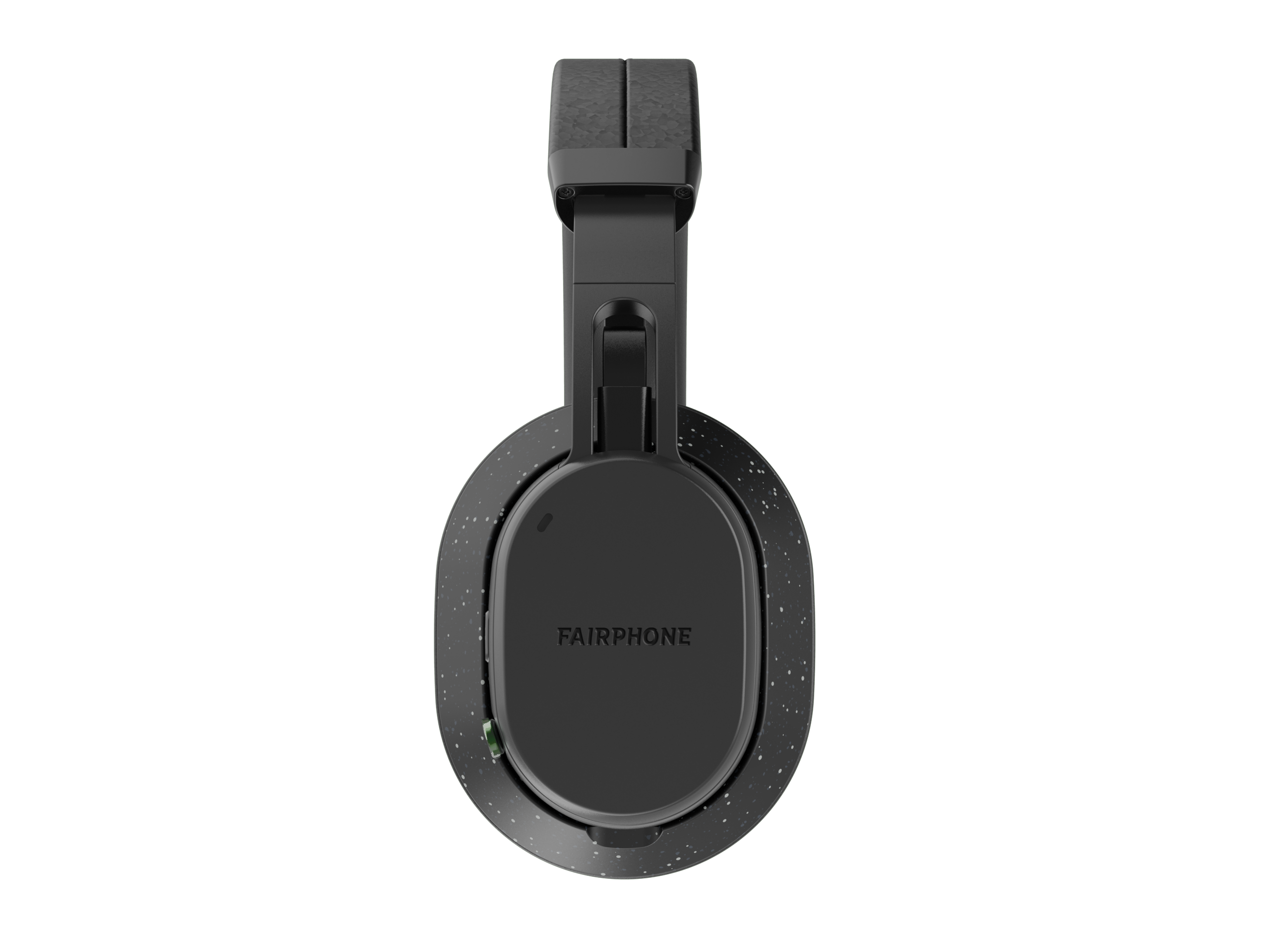 Schwarze Fairphone-Kopfhörer auf schwarzem Hintergrund. Die Kopfhörer sind zentriert und haben weiße Sprenkel an der Seite.