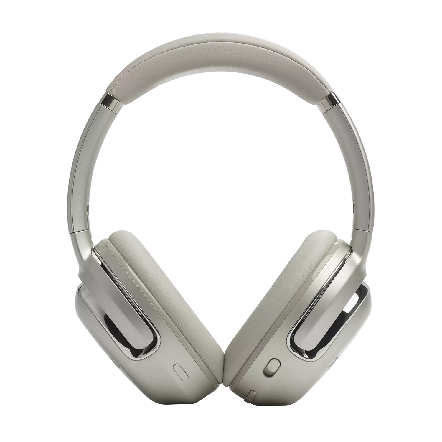 Casque circum-auriculaire argenté, design circulaire, avec bandeau et écouteurs rembourrés.