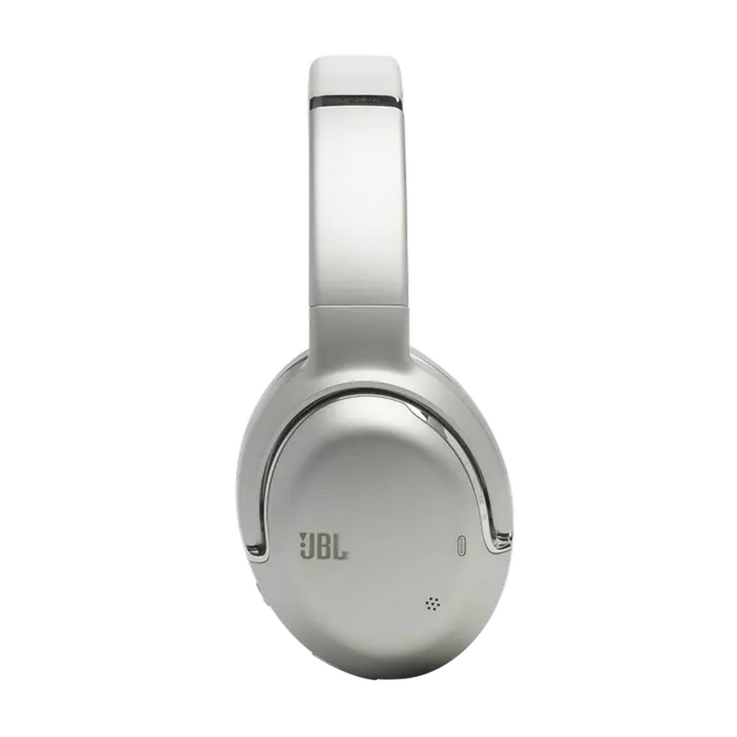 Casque JBL argenté, vue de dessus. Le logo JBL est visible.