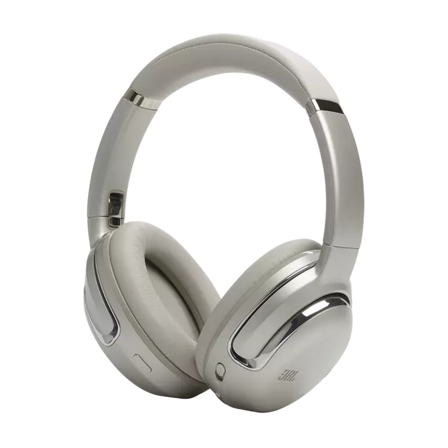 Casque circum-aural, gris clair, avec des accents métalliques et logo JBL sur le côté.