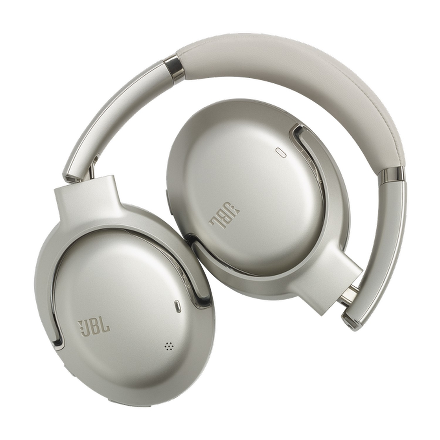 Casque argenté plié. Logo JBL. Fond blanc.