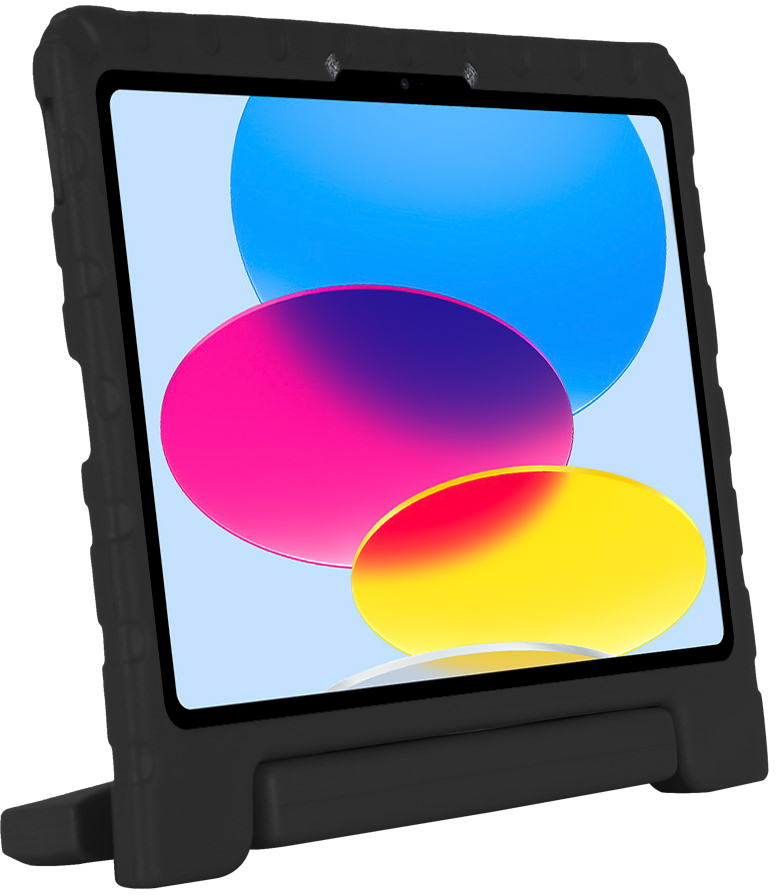 Een zwarte tablet in een stevige hoes met standaard. Het scherm toont kleurrijke cirkels.