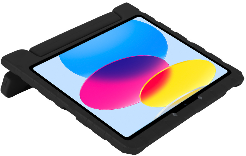 Zwarte tablet in stevige hoes met kleurrijke achtergrond.