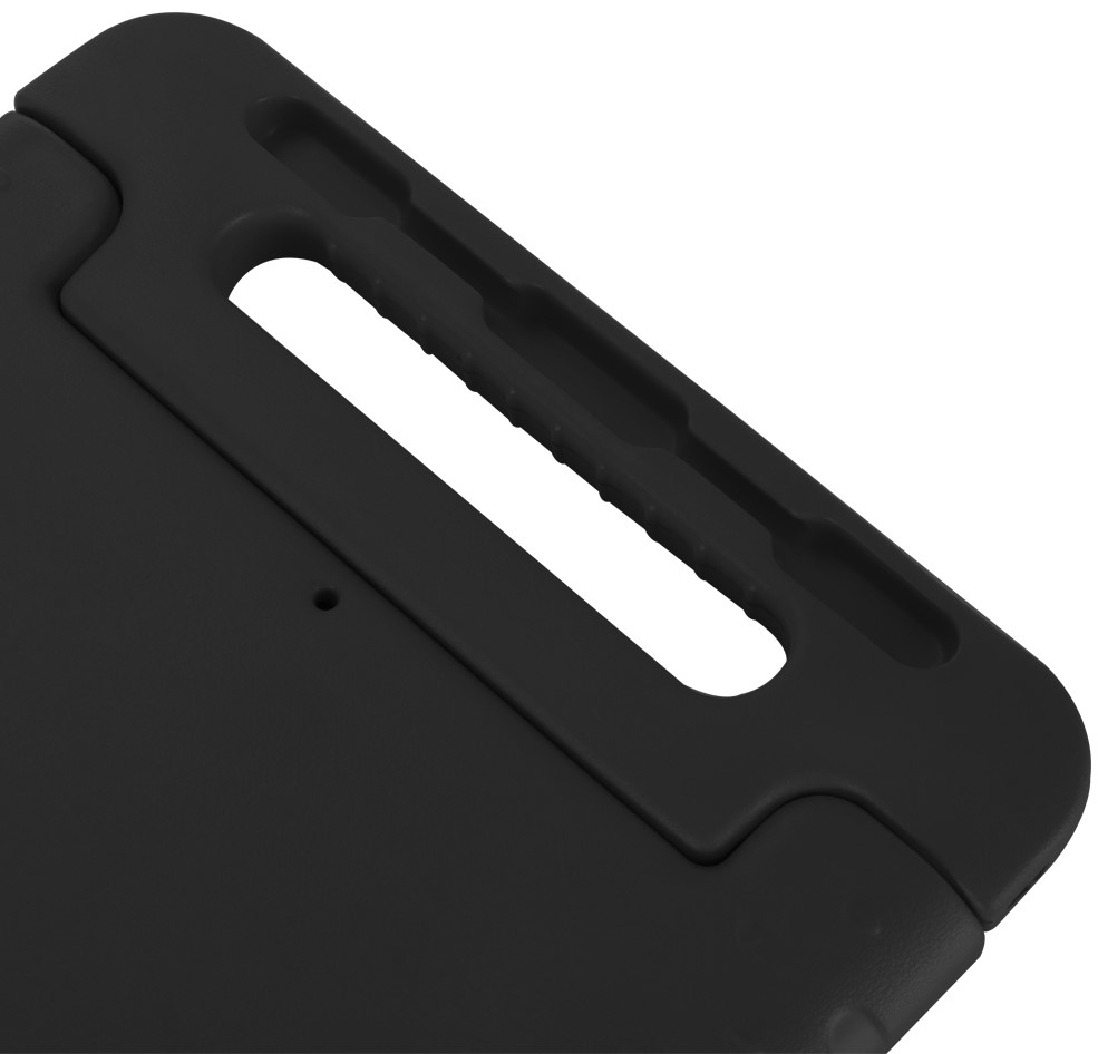 Zwart handvat met grip en sleuf, close-up.