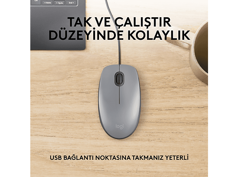 LOGITECH M110 Sessiz Tam Boyutlu Kablolu USB-A Bağlantılı Optik Mouse - Gri_2