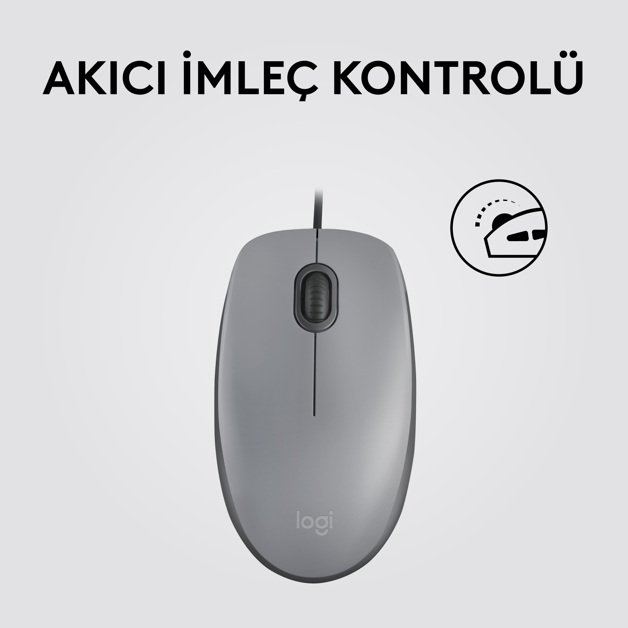 Gri bilgisayar faresi, kaydırma tekerleği, siyah kablo ve Logitech logosu.