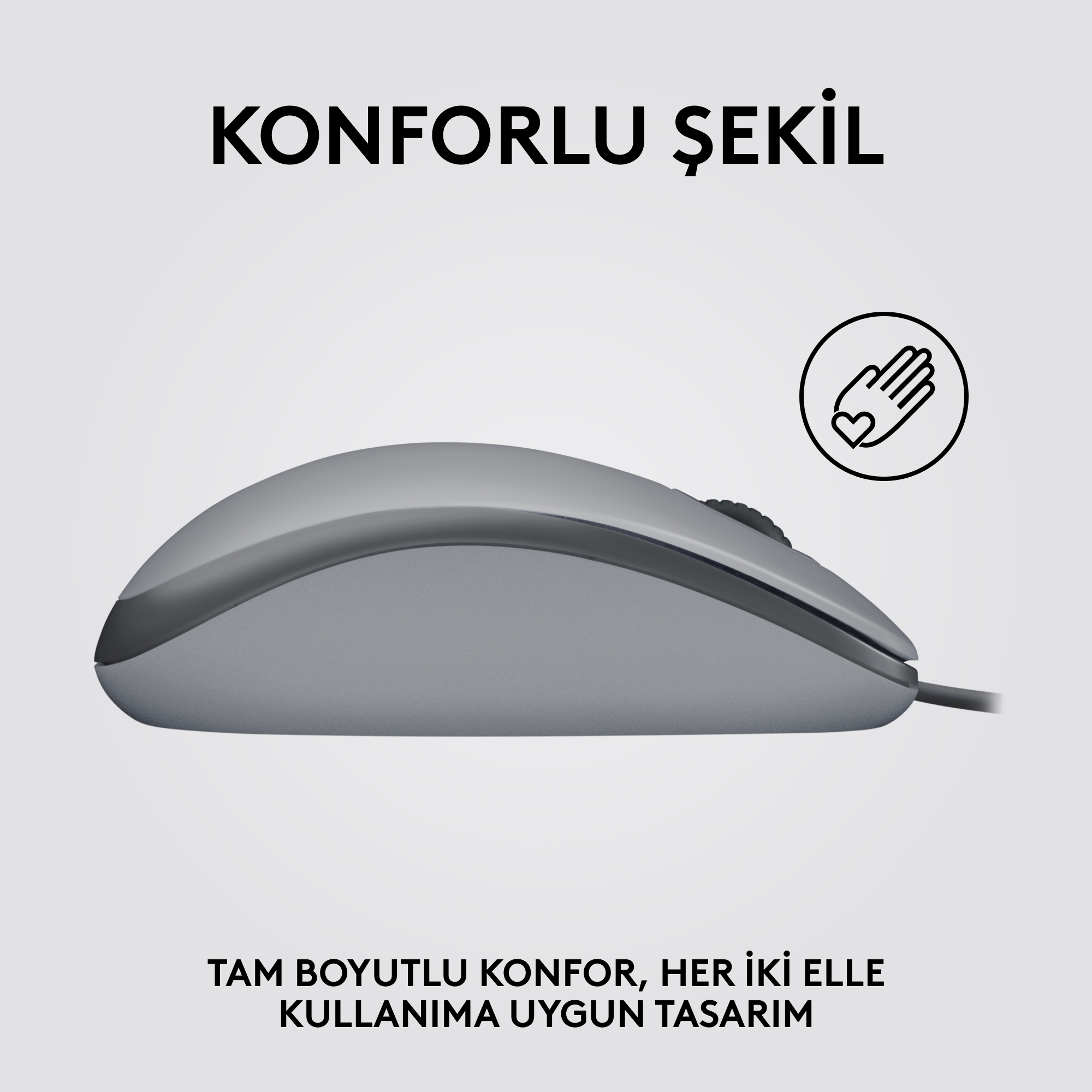 Kablolu gri bir bilgisayar faresi. Metin konfor ve tasarım diyor.